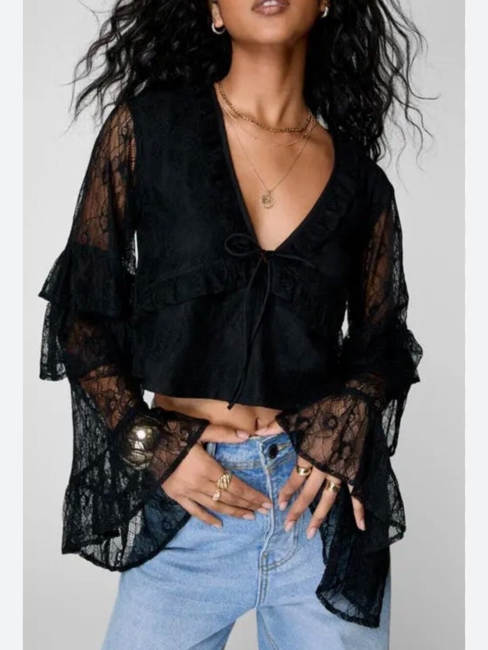 Nasty Gal Romantic Black Lace Ruffle Tie Front Fluted Sleeve Crop Top Size 2 & 8